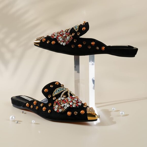 Women's Black Flats Comfortable Soft Insole Pointed Cherry Mule Shoes - Picture 3 of 5